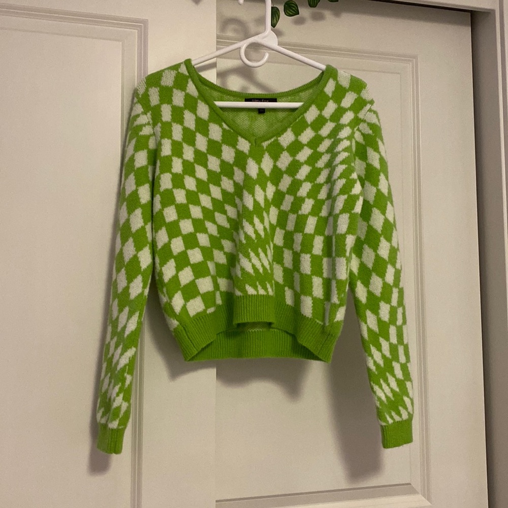 Green checkered v neck sweater